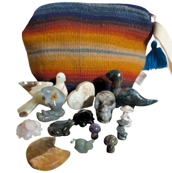 Natural Stone Crystal Other - Stone Animal Carvings; Jasper, Rose Quartz, Labradite, Agate etc with Woven Bag